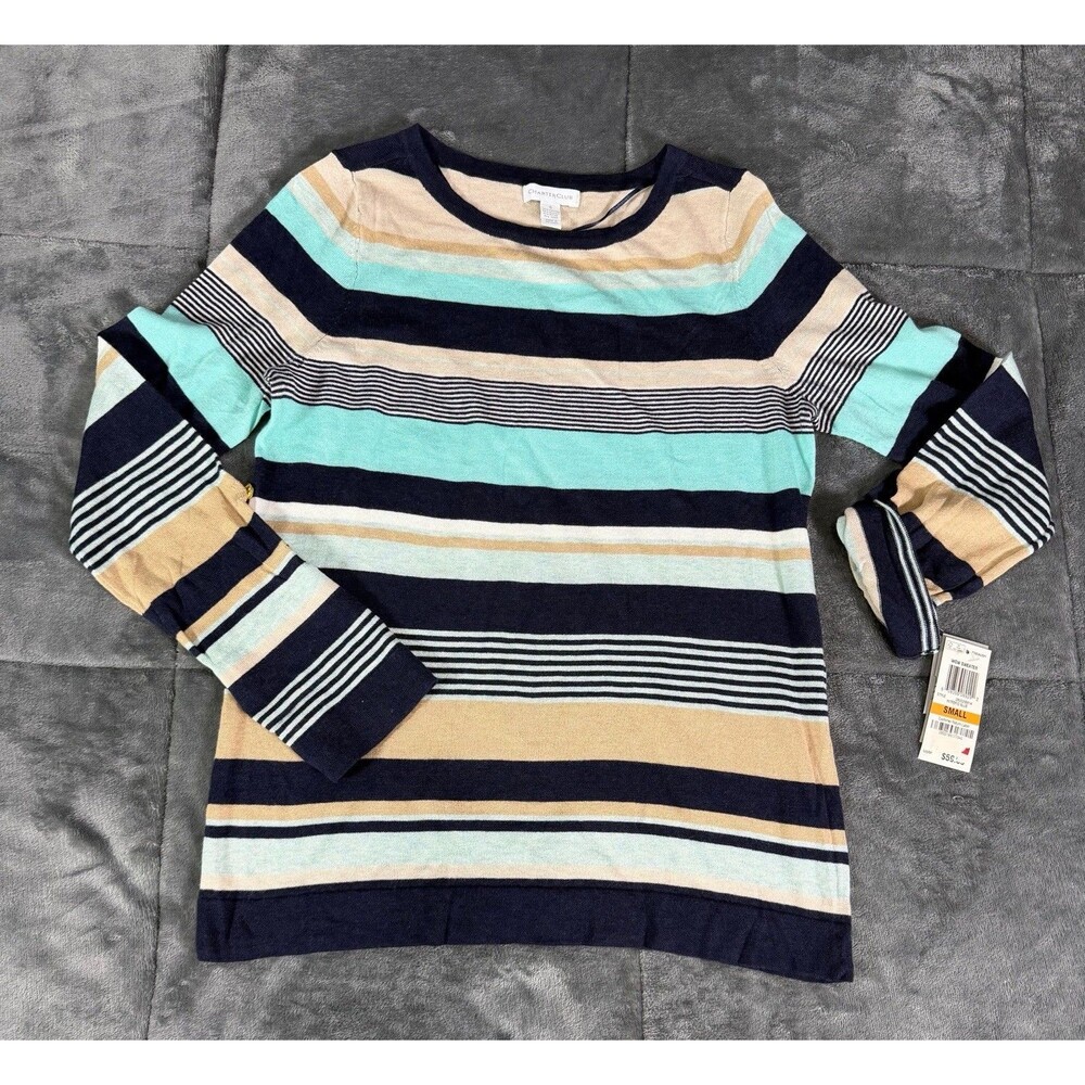 Charter Club Sweater Womens Small S NWT Blue Striped Cotton Blend Crewneck Pullo - Picture 3 of 8